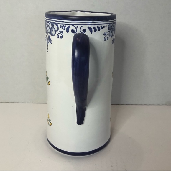 Hand made ceramic floral 9 inch blue and yellow pitcher from Spain - Picture 3 of 6